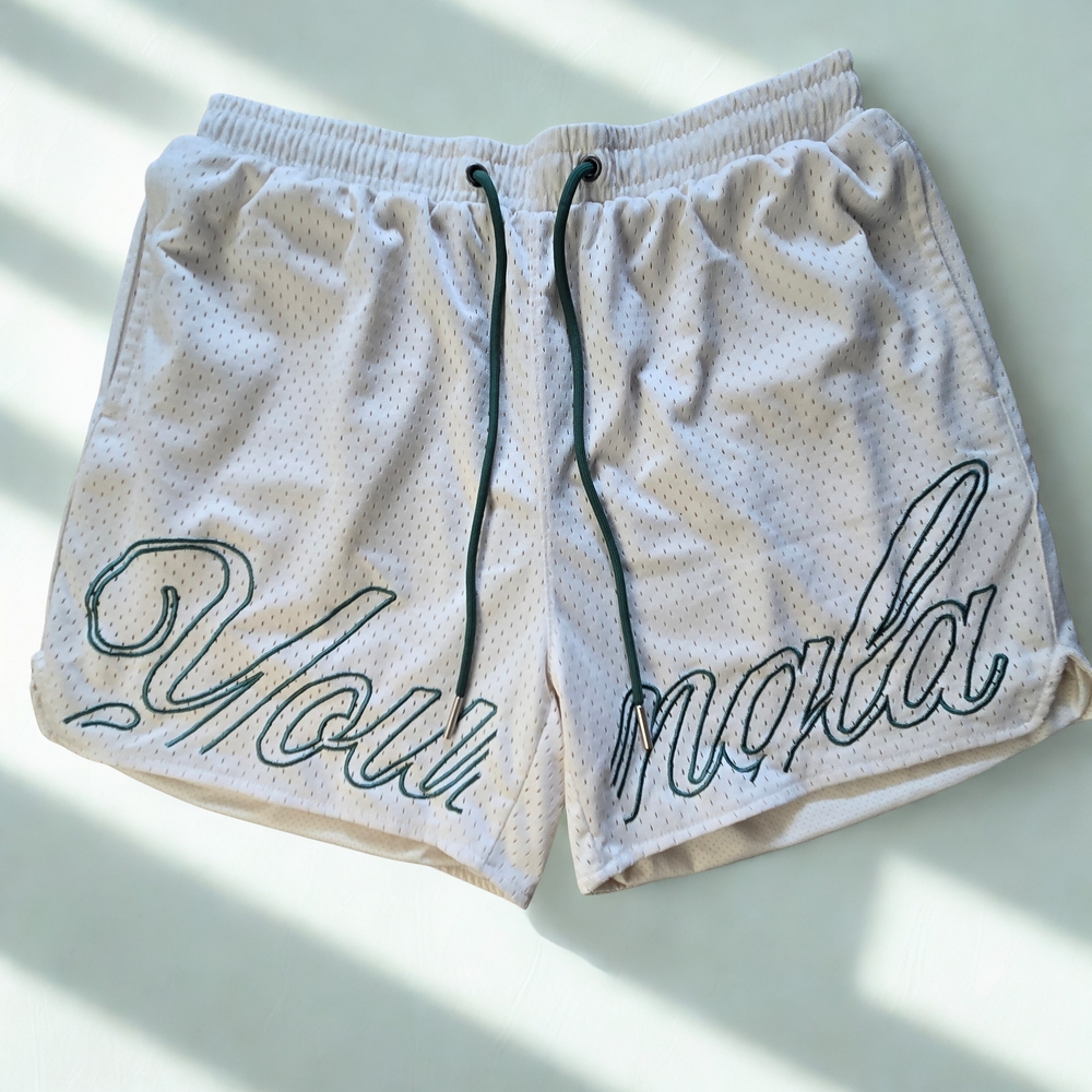 YoungLA White Shorts with Green Detailing